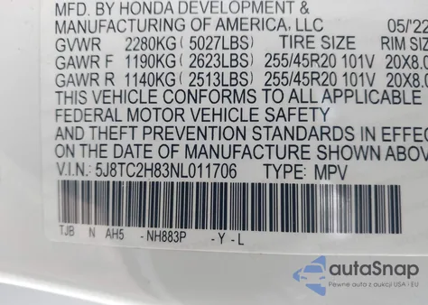 2022 Acura Rdx A-Spec Advance Package/Pmc Edition z USA, uszkodzony, nr VIN 5J8TC2H83NL011706